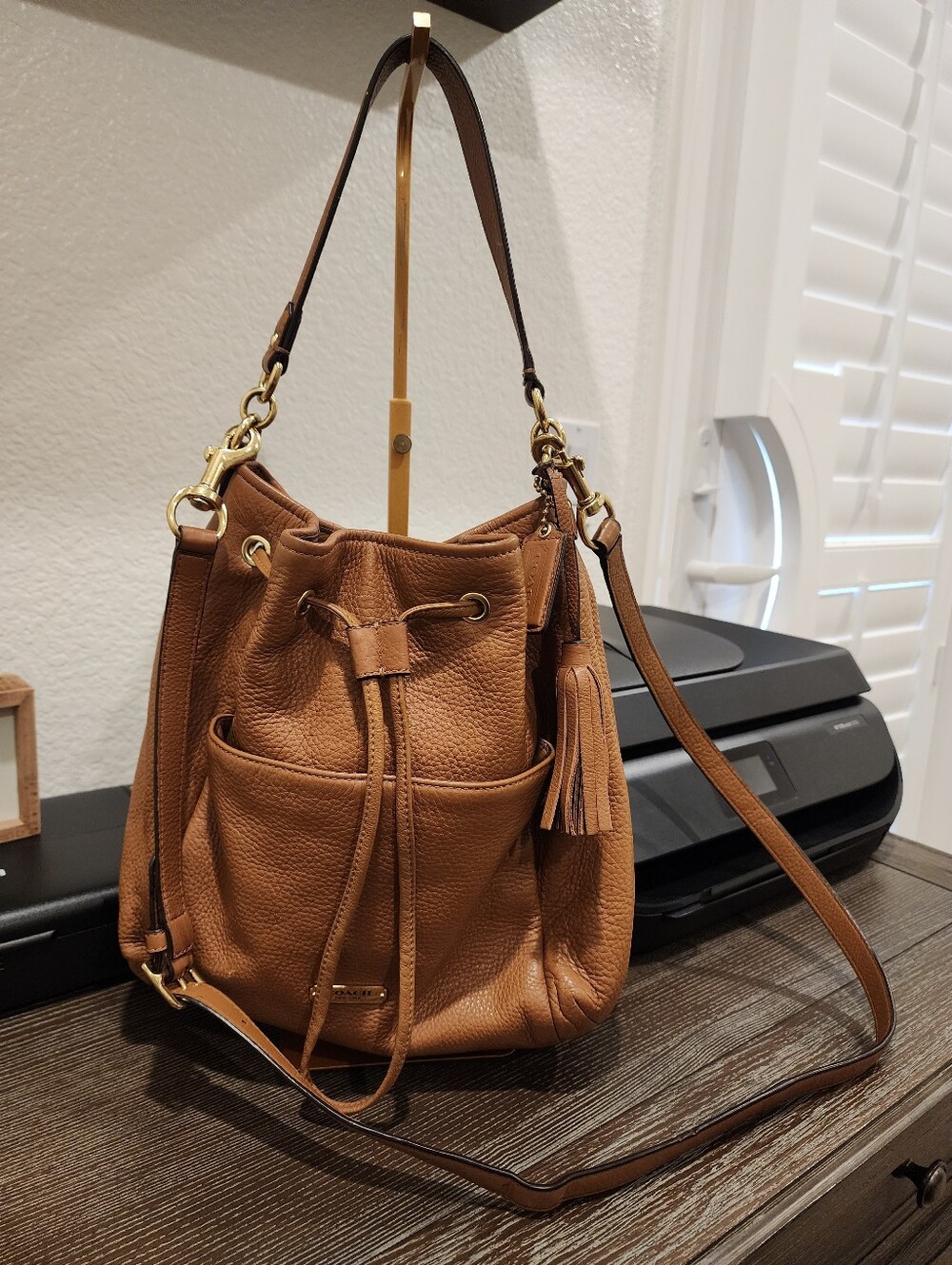 Coach Tan Leather Drawstring Bucket Bag with Tassel